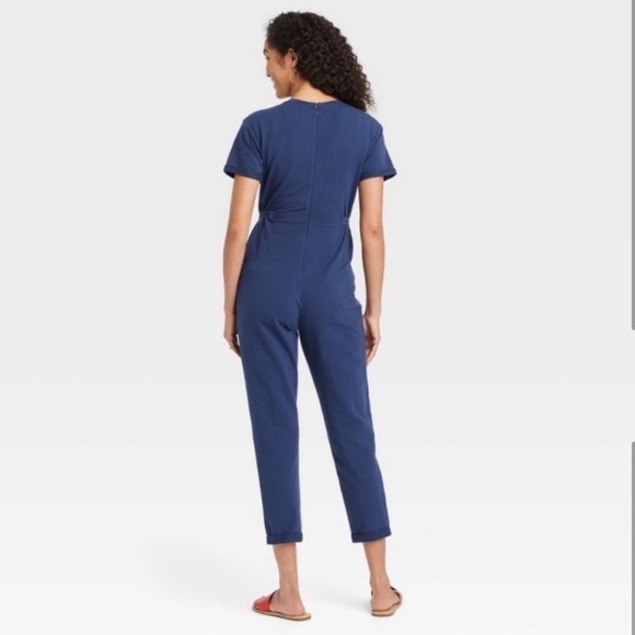 The Nines by HATCH Short Sleeve French Terry Cropped Blue Jumpsuit - Picture 3 of 9